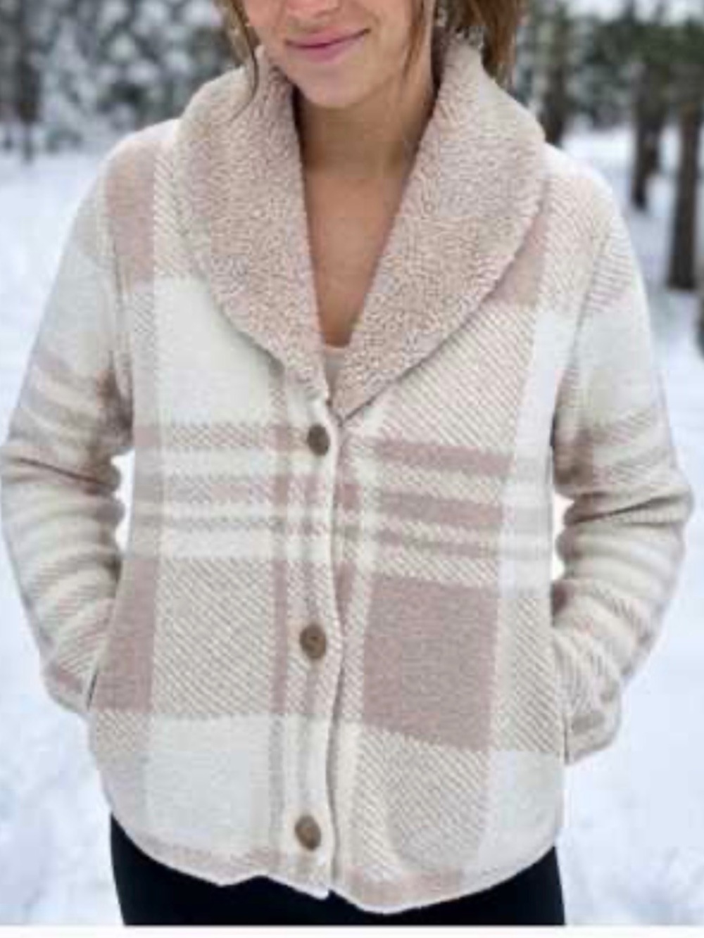 NWT. Barefoot Dreams Plaid Sherpa Collar Cardigan - Cream & Blush. Small